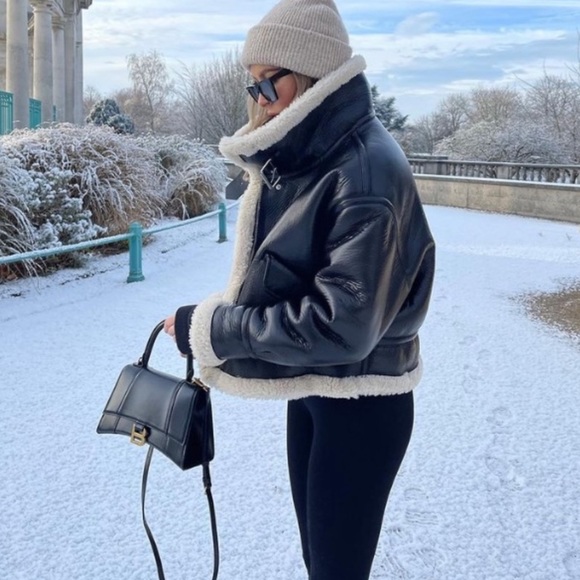 ❌SOLD❌🔥NWT ZARA Blogger's Fav Faux Leather Fleece Collar Jacket - Picture 16 of 17